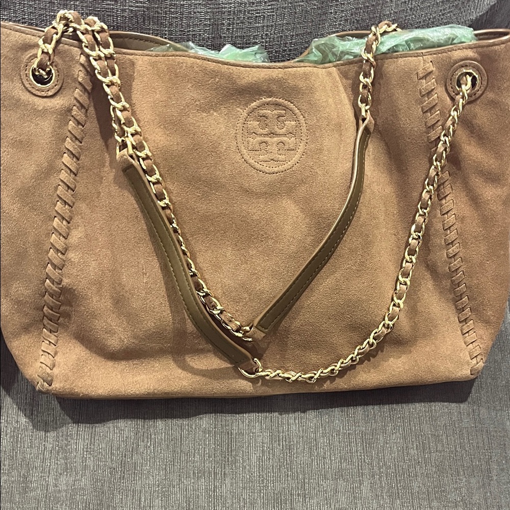 Tory Burch Suede Shoulder Bag in Tan with Gold Chain